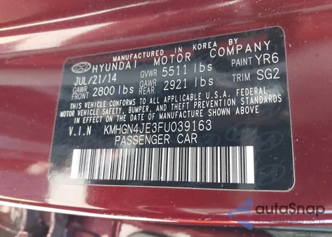 2015 Hyundai Genesis 3.8 from USA, damaged, VIN KMHGN4JE3FU039163